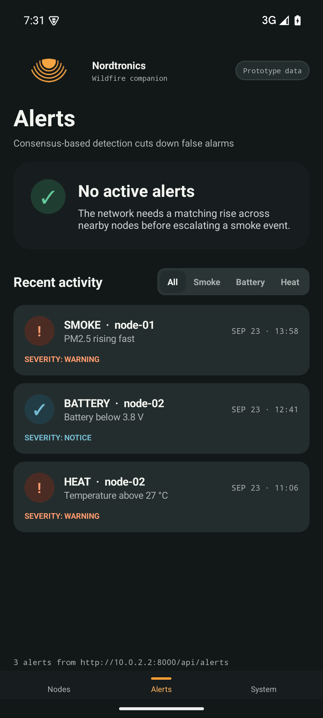 Nordtronics companion app — alerts screen showing fire weather warnings and detection events